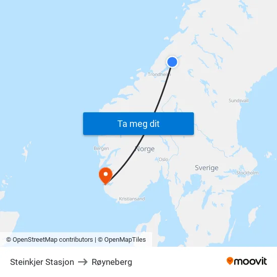 Steinkjer Stasjon to Røyneberg map