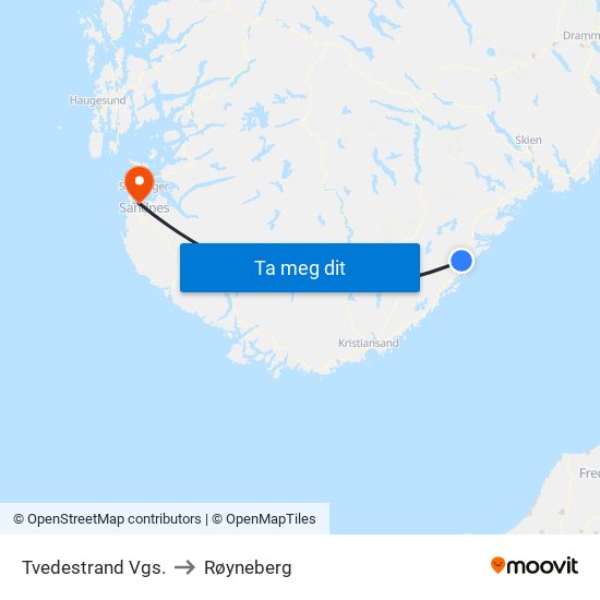 Tvedestrand Vgs. to Røyneberg map