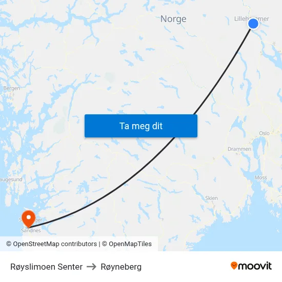 Røyslimoen Senter to Røyneberg map