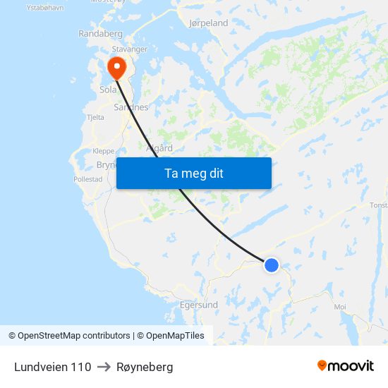 Lundveien 110 to Røyneberg map