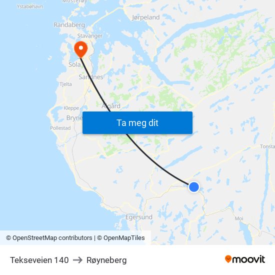 Tekseveien 140 to Røyneberg map