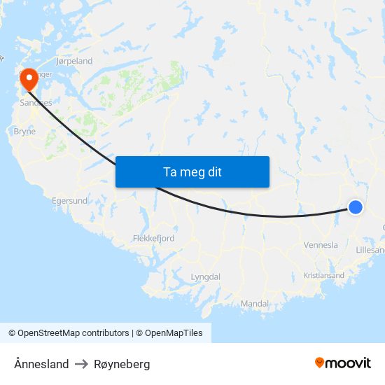 Ånnesland to Røyneberg map