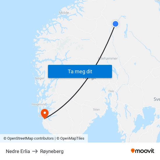 Nedre Erlia to Røyneberg map