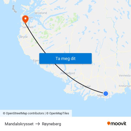Mandalskrysset to Røyneberg map