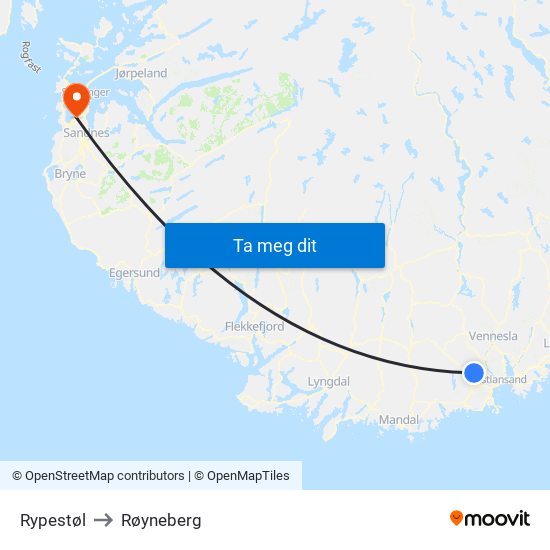 Rypestøl to Røyneberg map