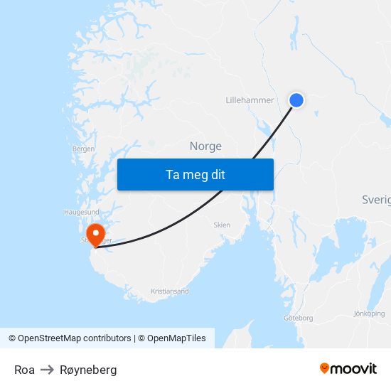Roa to Røyneberg map