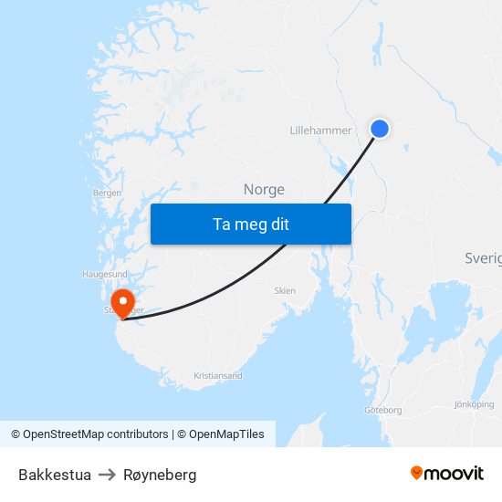 Bakkestua to Røyneberg map