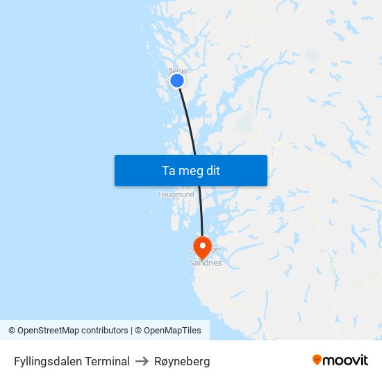 Fyllingsdalen Terminal to Røyneberg map