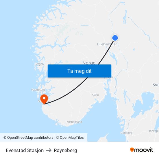 Evenstad Stasjon to Røyneberg map