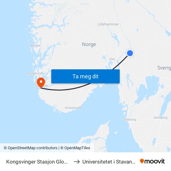 Kongsvinger Stasjon Glommengata to Universitetet i Stavanger (UiS) map