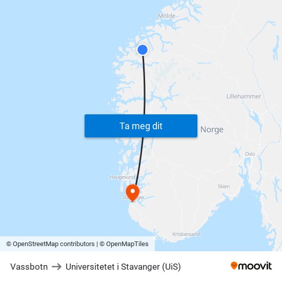 Vassbotn to Universitetet i Stavanger (UiS) map