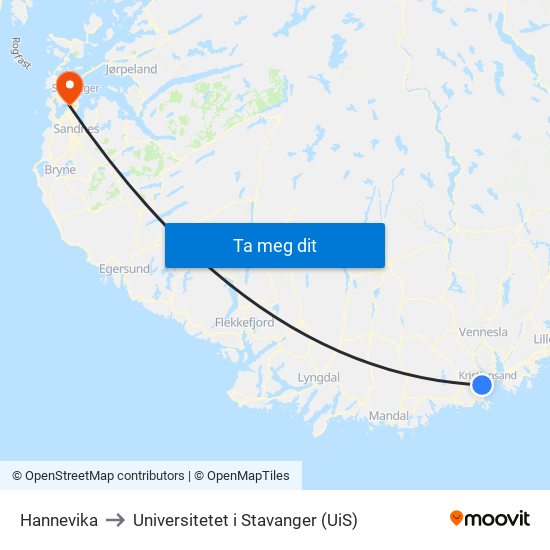 Hannevika to Universitetet i Stavanger (UiS) map