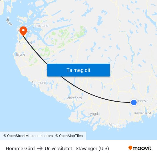 Homme Gård to Universitetet i Stavanger (UiS) map
