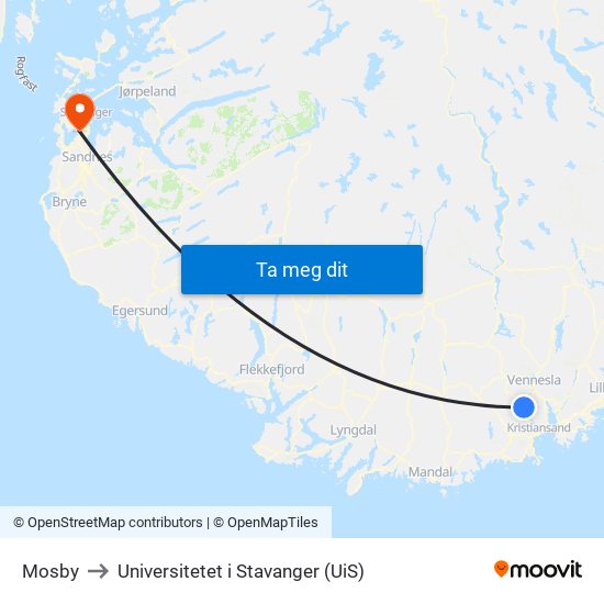 Mosby to Universitetet i Stavanger (UiS) map