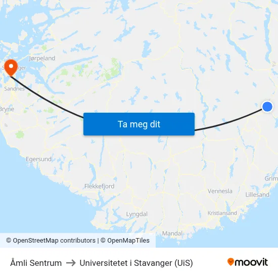 Åmli Sentrum to Universitetet i Stavanger (UiS) map