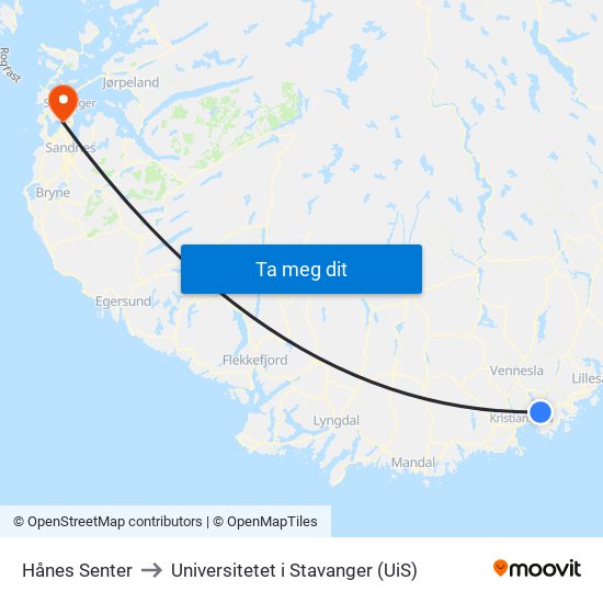 Hånes Senter to Universitetet i Stavanger (UiS) map