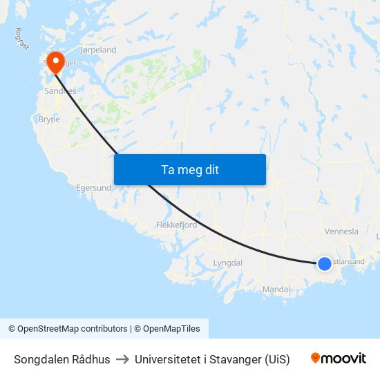 Songdalen Rådhus to Universitetet i Stavanger (UiS) map