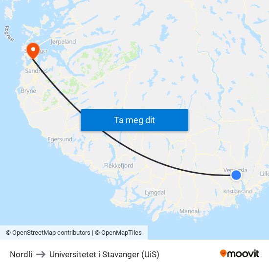Nordli to Universitetet i Stavanger (UiS) map