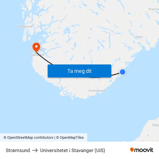 Strømsund to Universitetet i Stavanger (UiS) map