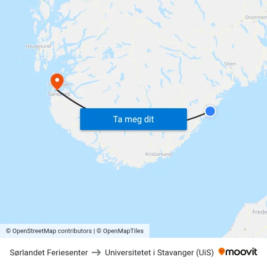 Sørlandet Feriesenter to Universitetet i Stavanger (UiS) map