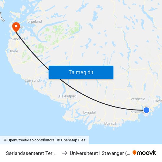 Sørlandssenteret Terminal to Universitetet i Stavanger (UiS) map