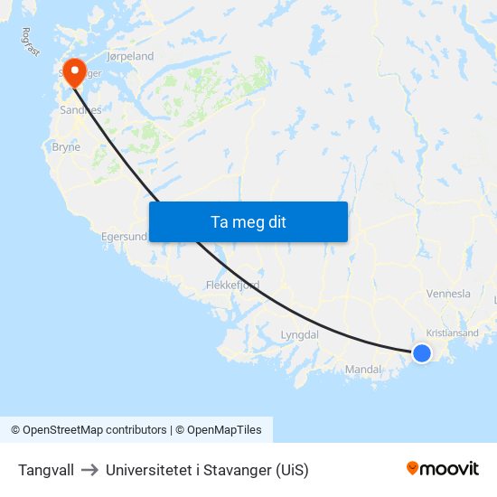 Tangvall to Universitetet i Stavanger (UiS) map