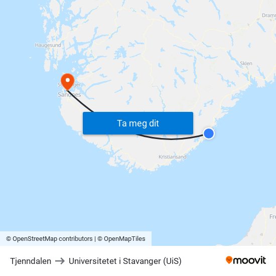 Tjenndalen to Universitetet i Stavanger (UiS) map