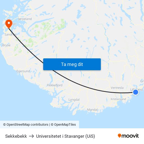 Sekkebekk to Universitetet i Stavanger (UiS) map