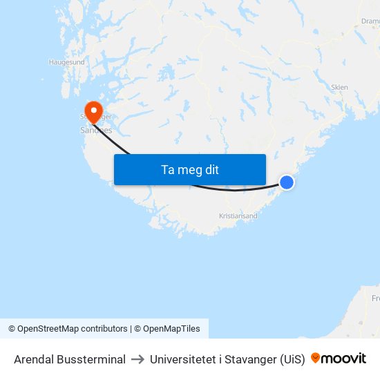 Arendal Bussterminal to Universitetet i Stavanger (UiS) map