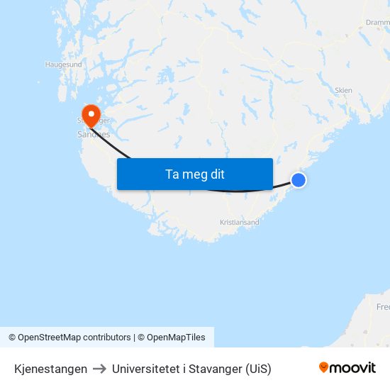 Kjenestangen to Universitetet i Stavanger (UiS) map