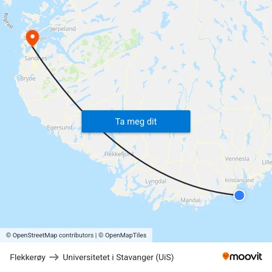 Flekkerøy to Universitetet i Stavanger (UiS) map
