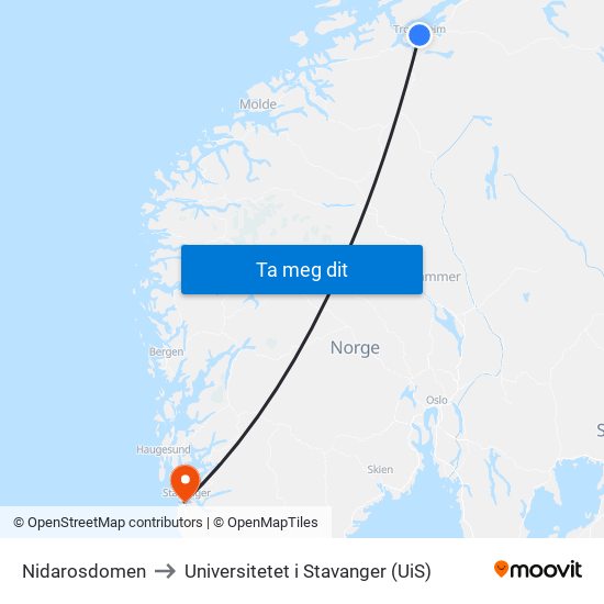Nidarosdomen to Universitetet i Stavanger (UiS) map