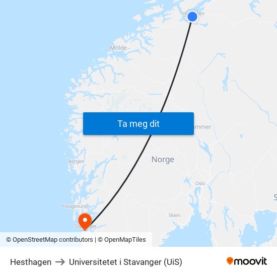 Hesthagen to Universitetet i Stavanger (UiS) map