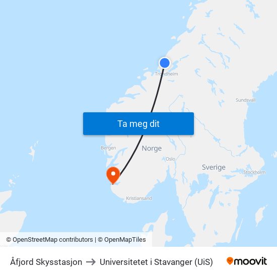 Åfjord Skysstasjon to Universitetet i Stavanger (UiS) map