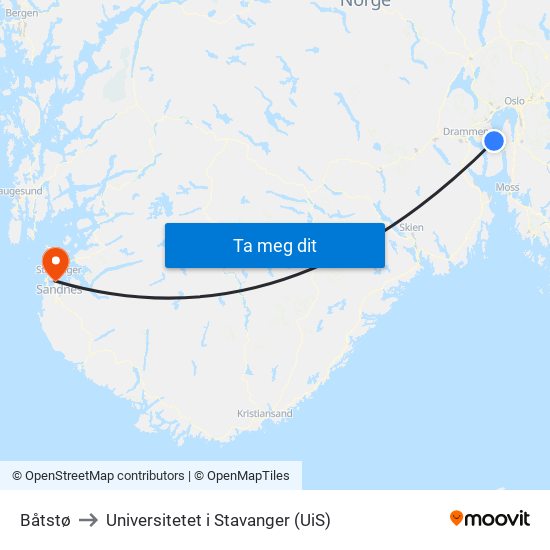 Båtstø to Universitetet i Stavanger (UiS) map