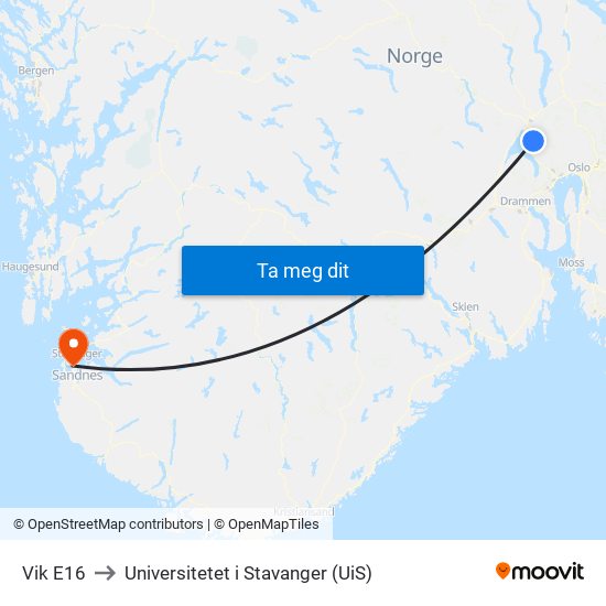 Vik E16 to Universitetet i Stavanger (UiS) map