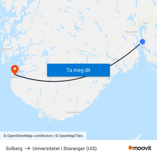 Solberg to Universitetet i Stavanger (UiS) map