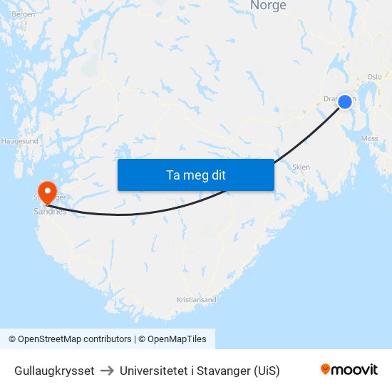 Gullaugkrysset to Universitetet i Stavanger (UiS) map