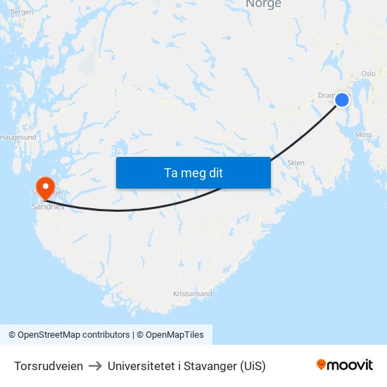 Torsrudveien to Universitetet i Stavanger (UiS) map