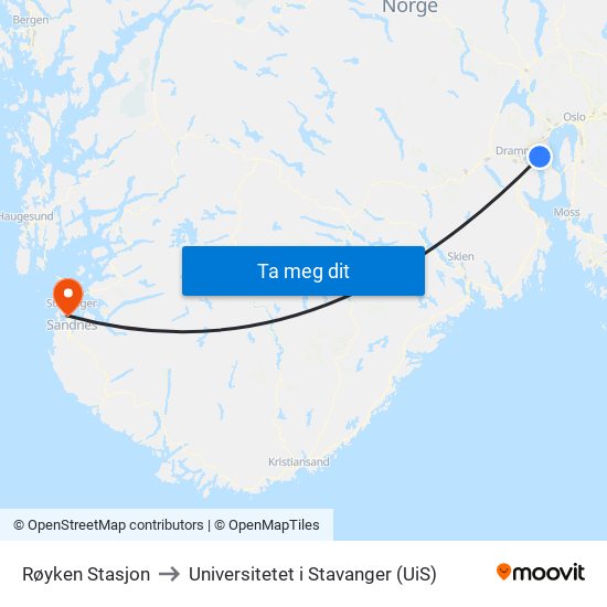 Røyken Stasjon to Universitetet i Stavanger (UiS) map