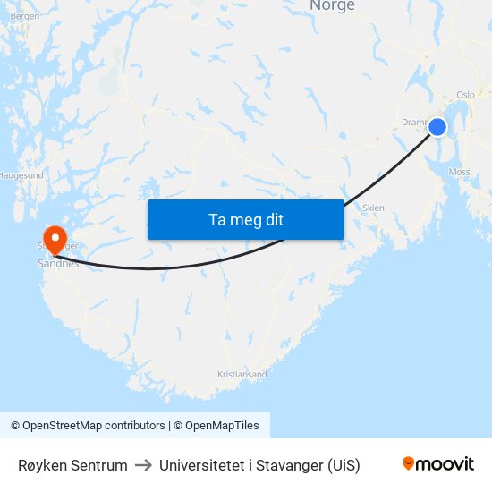 Røyken Sentrum to Universitetet i Stavanger (UiS) map