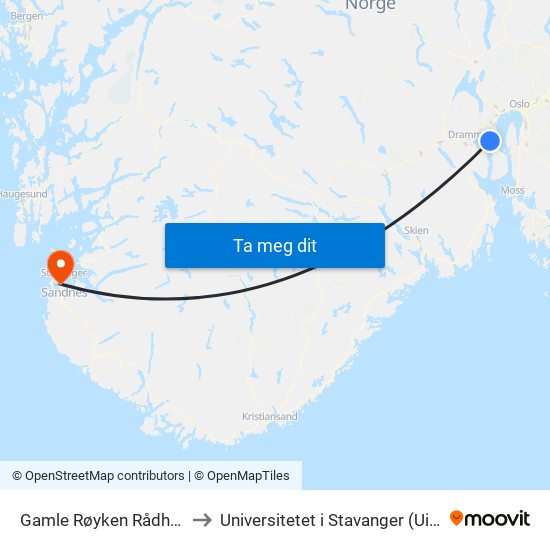 Gamle Røyken Rådhus to Universitetet i Stavanger (UiS) map