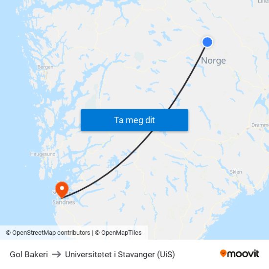 Gol Bakeri to Universitetet i Stavanger (UiS) map