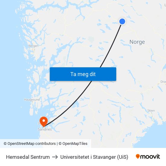 Hemsedal Sentrum to Universitetet i Stavanger (UiS) map