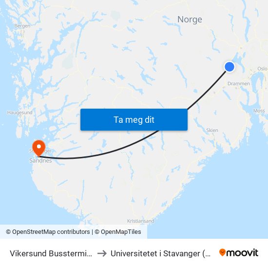 Vikersund Bussterminal to Universitetet i Stavanger (UiS) map