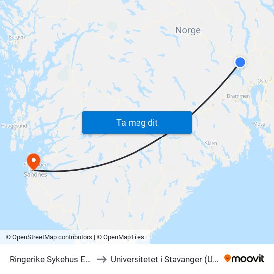 Ringerike Sykehus E16 to Universitetet i Stavanger (UiS) map
