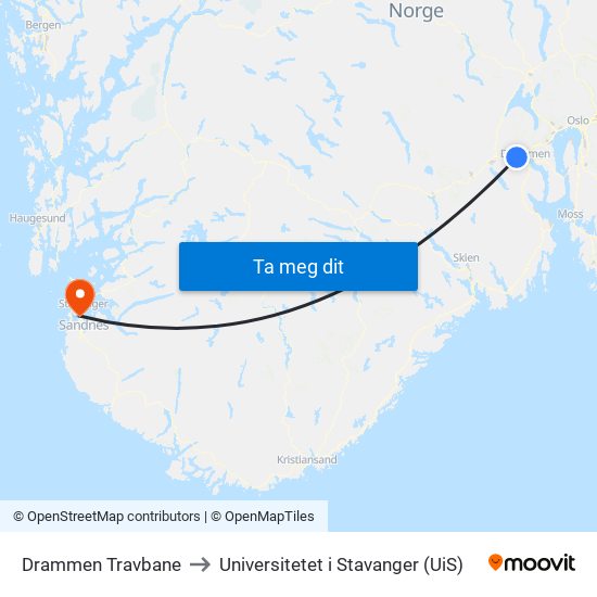 Drammen Travbane to Universitetet i Stavanger (UiS) map