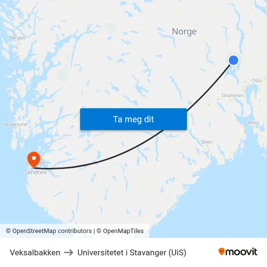 Veksalbakken to Universitetet i Stavanger (UiS) map