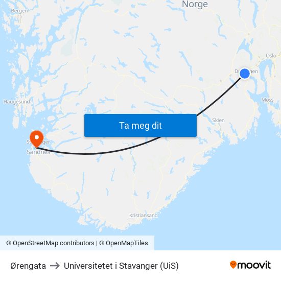 Ørengata to Universitetet i Stavanger (UiS) map