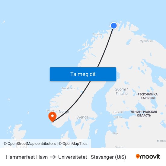 Hammerfest Havn to Universitetet i Stavanger (UiS) map